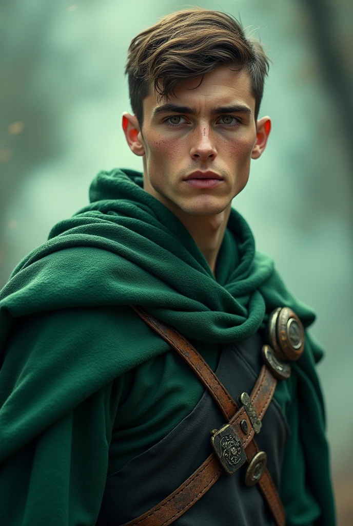 Young Man around 17, ((( Green + black outfit) Norse warriors clothes,Short brown hair, detailed face, detailed brown beautiful eyes, (intricate:1.3), (arcane aura:1.2), (dreamlike:1.3), (subtle mist:1.1),(vibrant colors:1.2), (detailed hair:1.3), (ultra realistic details:1.5),