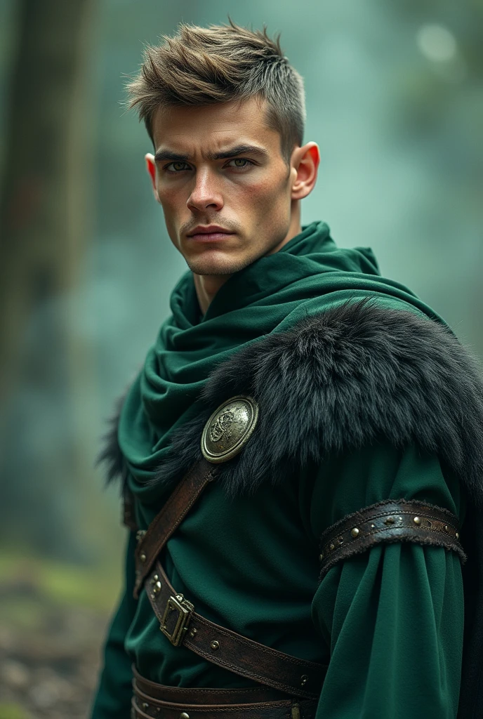 Young Man around 17, ((( Green + black outfit) Norse warriors clothes,Short brown hair, detailed face, detailed brown beautiful eyes, (intricate:1.3), (arcane aura:1.2), (dreamlike:1.3), (subtle mist:1.1),(vibrant colors:1.2), (detailed hair:1.3), (ultra realistic details:1.5),