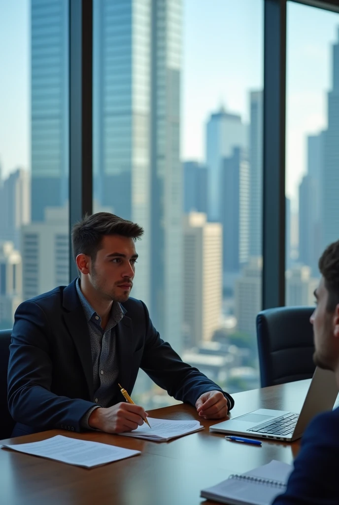 "A person, aged 20, attending a seminar on business growth, taking notes and looking inspired, with a city skyline in the background"