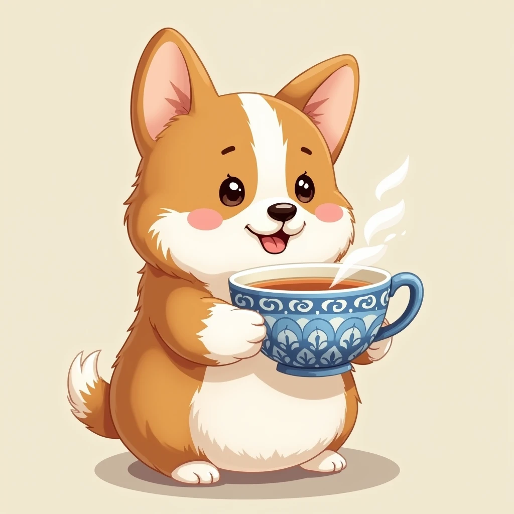 A corgi，A cup of milk tea in his hand，The aroma of milk tea，Enjoy the expression，Blue patterned cup，Realism风格，Realism