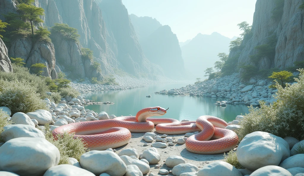 There are many white jade stones on the mountain.，There are also many pit vipers with red and white rings on their bodies and spikes on their noses.（best quality，4K，8k，High level，masterpiece：1.2），Ultra Detailed，（lifelike，Photo real，Photo real：1.37）
