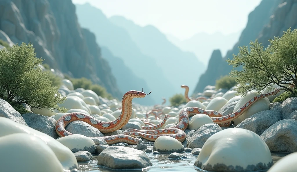 There are many white jade stones on the mountain.，There are also many pit vipers with red and white rings on their bodies and spikes on their noses.（best quality，4K，8k，High level，masterpiece：1.2），Ultra Detailed，（lifelike，Photo real，Photo real：1.37）