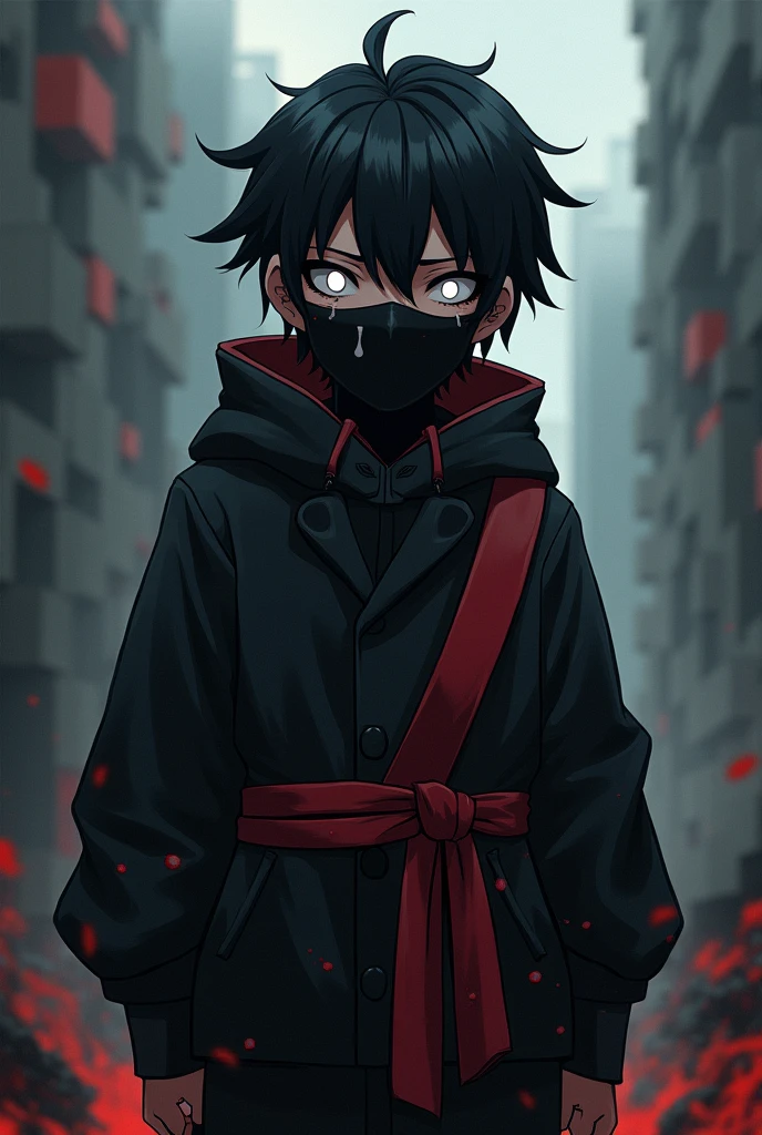 A boy wearing black jakat,full face mask, white eyes, red tai,mincraft theme, anime some blood fall on face and head, black heir looking deadly,