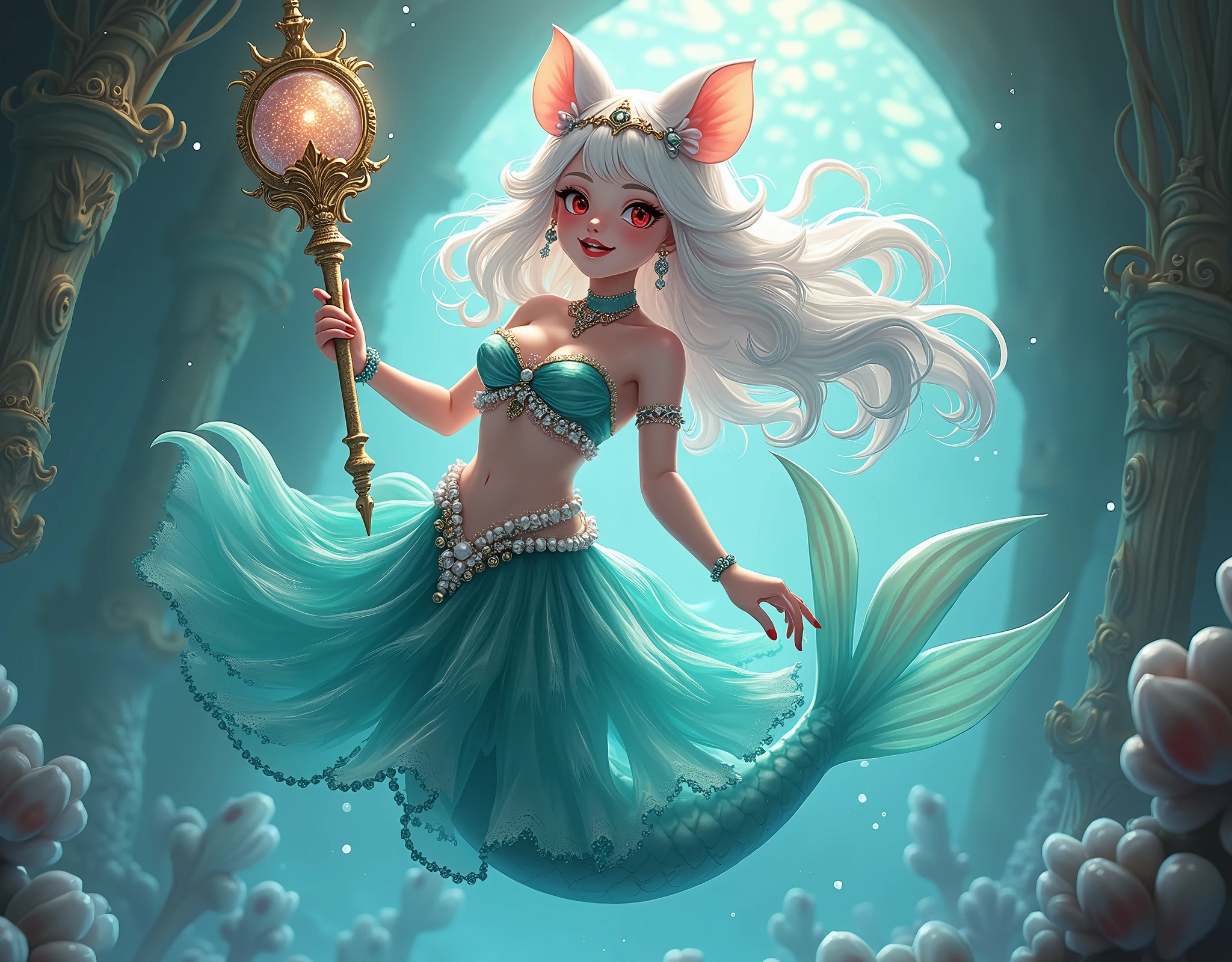 (best quality,4k,8k,highres,masterpiece:1.2),ultra-detailed, drawn in 2D anime style, Pretty albino girl magically transformed into a beautiful mermaid princess, the princess of the sea, race swap, fantastic transformation, sharp teeth, beautifully detailed lips with lipstick, she’s smiling, steampunk, fishlike, wet body, very long curly white hair adorned with hair accessories, red eyes with long eyelashes, white fur, slim body, red manicured nails, whiskers, mouse ears with pearls earrings hanging from them, long mermaid tail below waistline with shimmering cyan fish scales, pelvic and dorsal fins, a pair of fish gills on her torso, highly detailed seashell bra with intricate patterns, pearl and gold bracelets, pearl necklace, tiara made of seashells, cute turquoise princess dress, iridescent colours, physically-based rendering,gorgeous frilly dress design,flowing gown,elaborate lace details,rich textures,contrast stitching,delicate ribbon bows,fish scale accents, translucent skirt,fitted waistline,lace-up back,luxurious fabrics,flawless silhouette, joyful expression, sparkling water, water reflections, ethereal atmosphere, subtle glow, whimsical and enchanting, gracefully swimming in a hallway, she is holding a magic staff made of seashells and pearls, underwater castle interior, intricately decorated room, magical underwater lighting, vivid colors, breathing underwater, endless ocean depths, light filtering through the water.