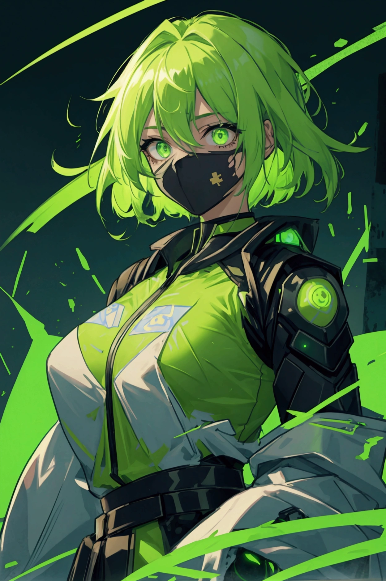 With glowing green eyes、A mutant-like character with slightly distorted skin。Her hair is contaminated with radiation and glows fluorescent green.、Hair is falling out in places。The jacket is々It's torn、A radioactive symbol is embroidered on his arm。A radiation warning sign and a broken barricade are in the background.、Creates an atmosphere of danger。
