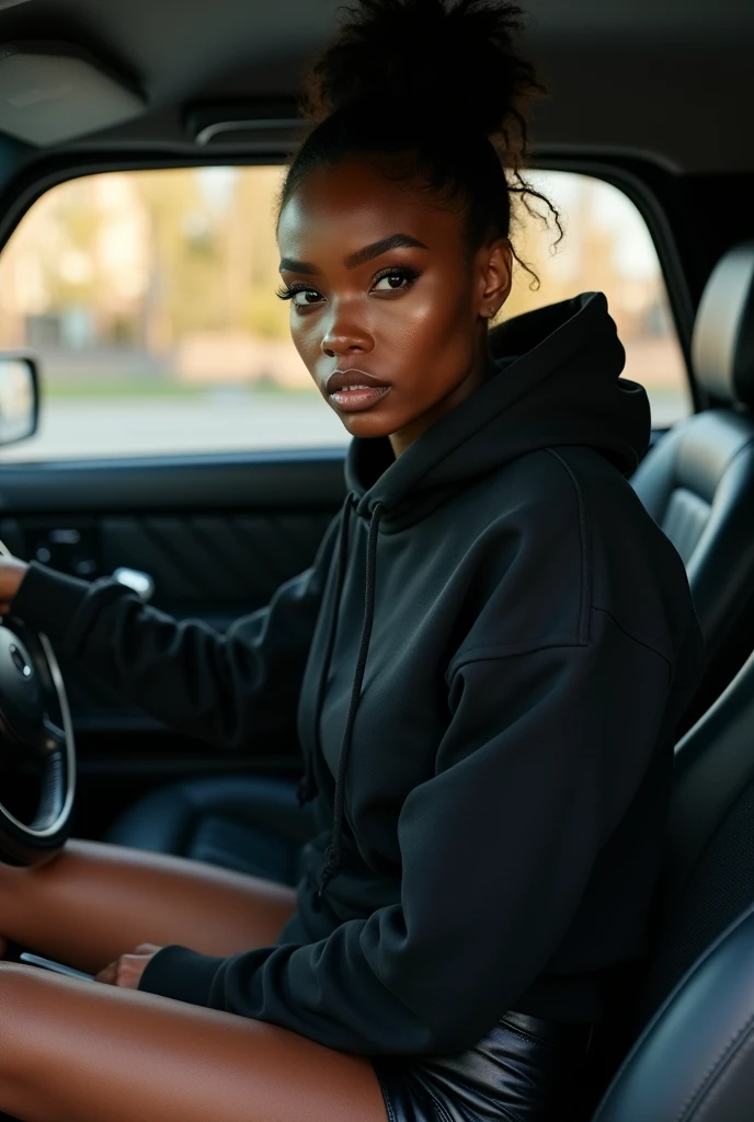 Black woman wearing leather short shorts up in crack black hoodie hair in a bun setting in car seat 