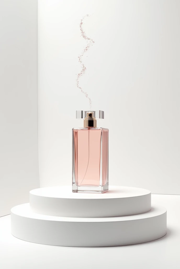 A high-end perfume platform with one perfume bottle on it comes out of it a spray of perfume with a white background
