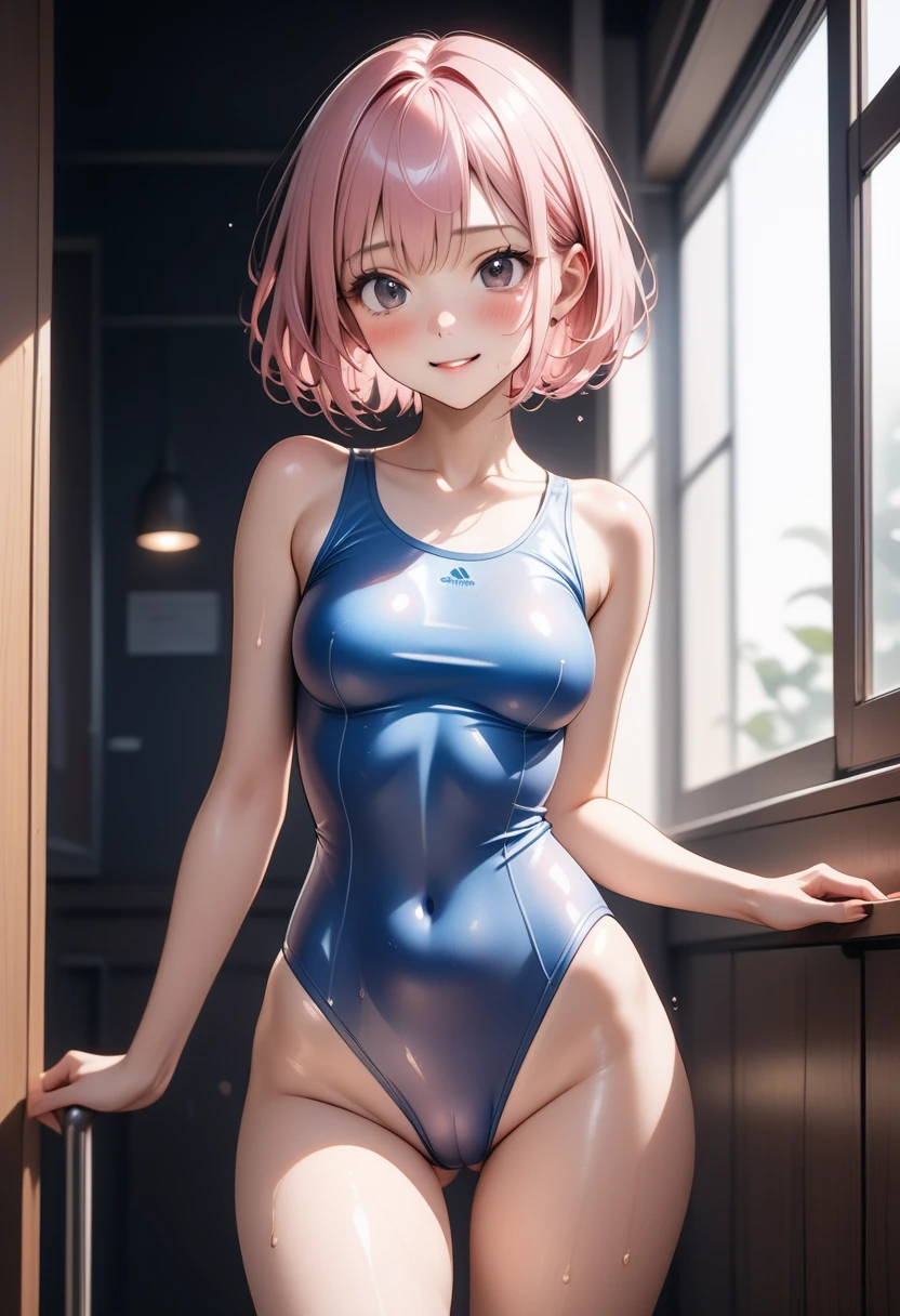 ((School Swimsuit)), ((skindentation)), skinny, alone, solo, 1 woman, Masterpiece, highest quality, highest quality, 16K, incredibly absurd, highly detailed, 2.5D, ai-generated, delicate and dynamic, very delicate facial expressions, delicate eye depiction, erotic, only sexy woman, ((A cute and kind face)), healthy figure, ((1 woman)), 160cm tall, ((medium firm swaying bust)), medium breasts, (short hair), (pink hair:1.5), bob cut, black eye, blush, Sweat,Embarrassed,sexy, ((thin thighs)), (camel toe:0.5), (visible nipples:0.7), (Erect nipples,:0.7), shiny and lustrous, facing straight at viewer,  smile, ((Oily_skin)), dark skin, ((standing)), ((arm at side)), ((Transparent and sparkling costume)),