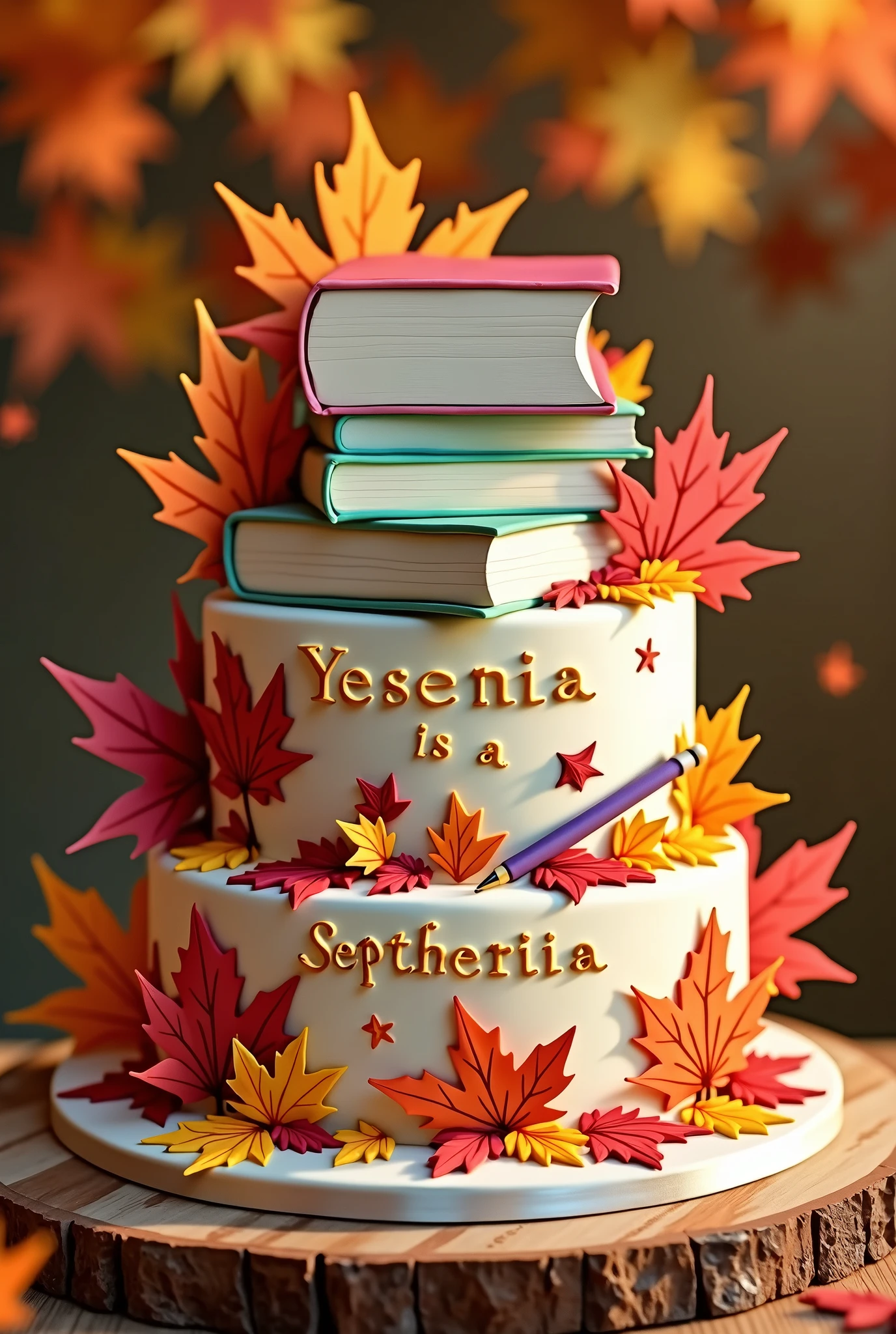 a cake for the "September 1st" holiday. The inscription on the cake is "Yesenia is a first grader." The cake is decorated with maple leaves, a textbook and a pen.
