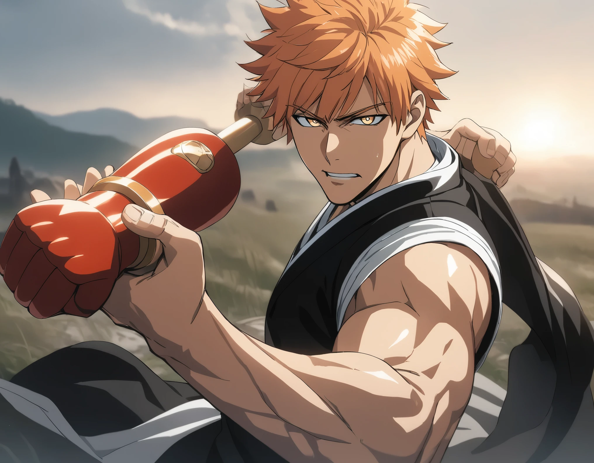 1boy, male focus, solo, (kurosaki ichigo), bleach, orange very short hair, wear blackimono, open mouth, gourmetspicer,
sky, holding weapon,
weapon,upper body,clenched hand,incoming attack,arm cannon,fighting stance,
looking at viewer,
dutch angle,
grasslands,
masterpiece, best quality, ultra detailed, highres,4k,(ultra-detailed:1.4) (illustration:0.5), (ray tracing,:0.8),(anime colored:0.7),(ai-generated:0.5),