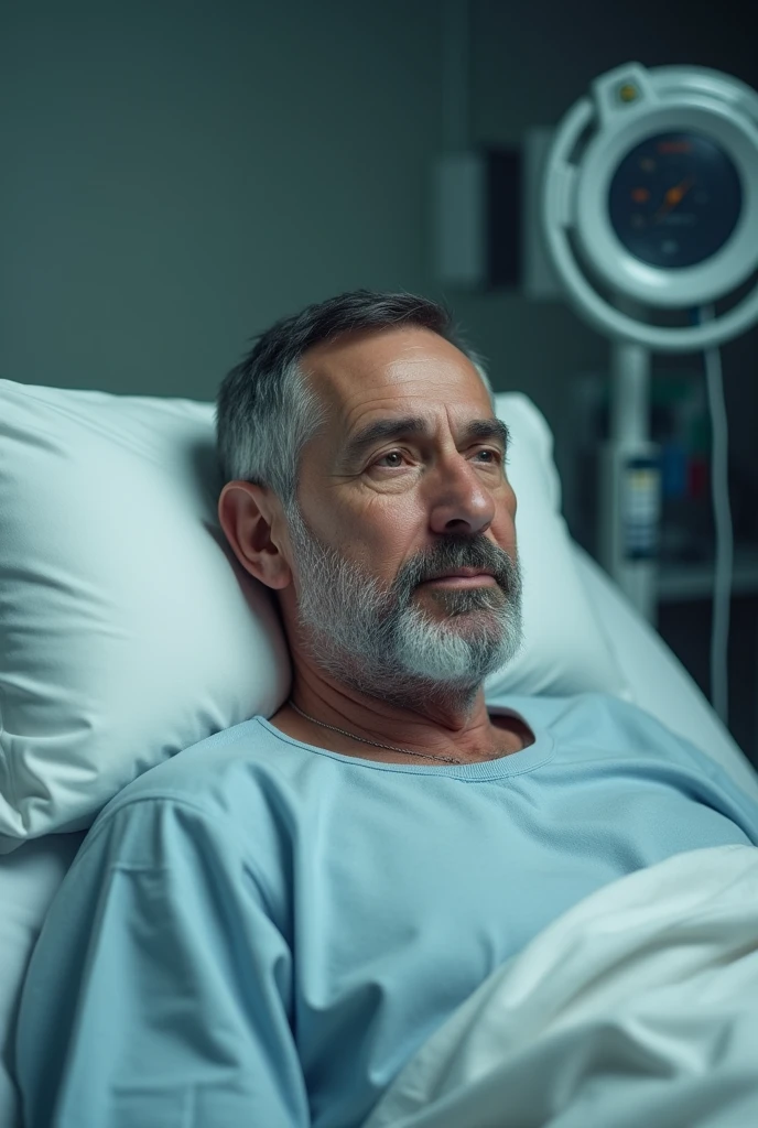 Man 50 years old trimmed hair in hospital bed
