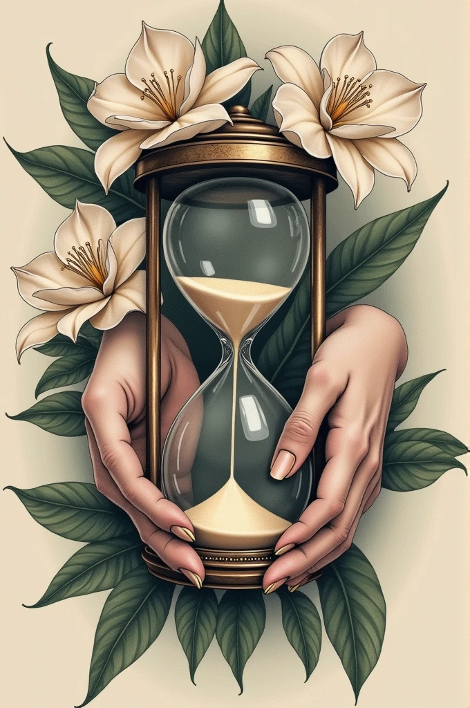 Tattoo with an hourglass, hands and gardenias