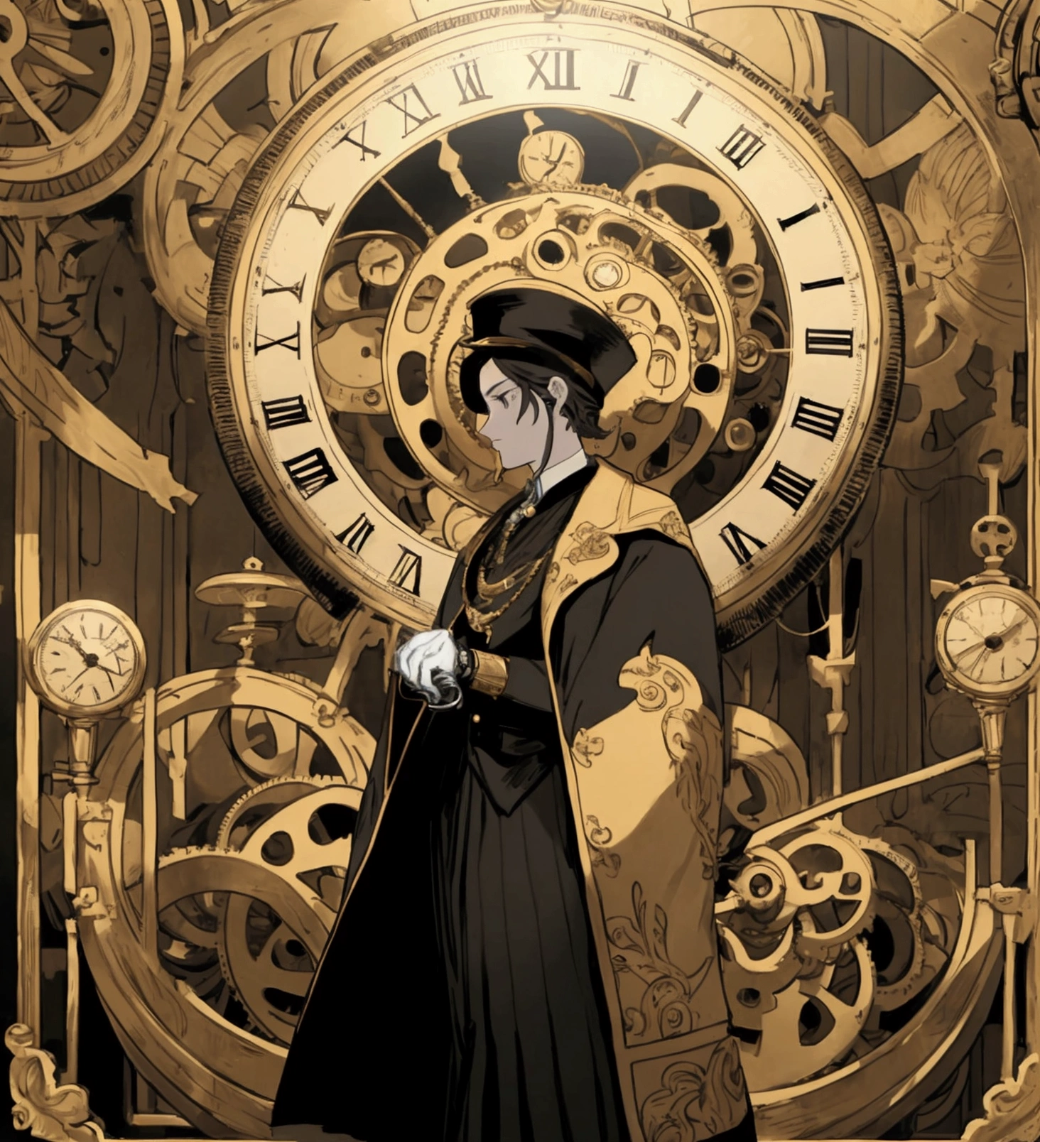 In the image, the silhouette of a person is seen in the foreground, standing out against a complex and detailed background. Behind the silhouette, The background is filled with clock gears of different sizes, all interconnected and moving, suggesting the passage of time and mechanical precision.
besides, There are multiple clocks distributed throughout the fund, each showing a different time. These watches vary in design, from antique pocket watches to wall clocks with elaborate gold details. The combination of gears and clocks creates an atmosphere of intricate machinery and a sense of temporality..
The predominant color scheme is gold, which gives the image a vintage and elegant touch. An ornate frame surrounds the image, adding an additional element of sophistication and artistic detail. The figure is turned back and its face cannot be seen.