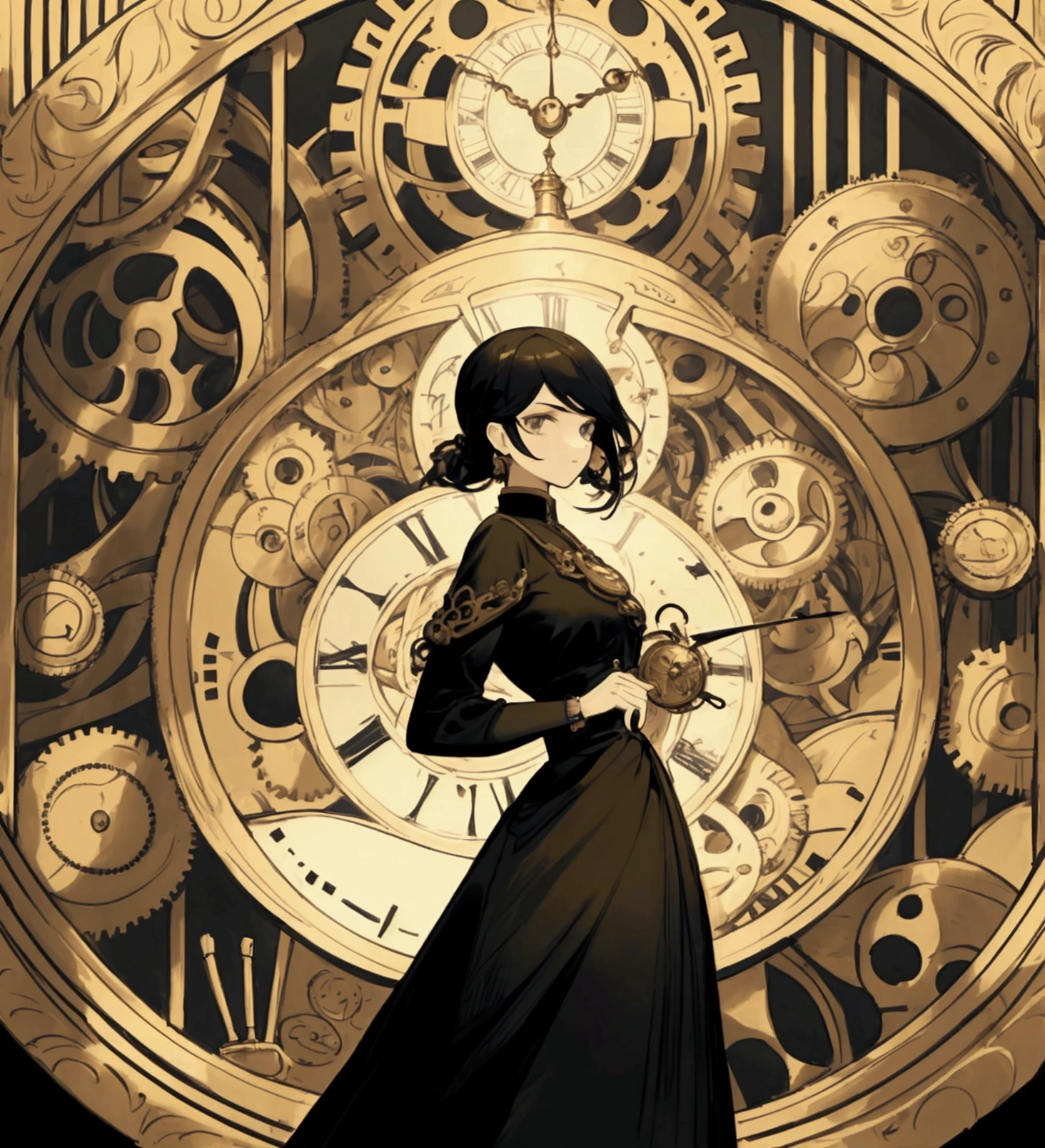 In the image, the silhouette of a person is seen in the foreground, standing out against a complex and detailed background. Behind the silhouette, The background is filled with clock gears of different sizes, all interconnected and moving, suggesting the passage of time and mechanical precision.
besides, There are multiple clocks distributed throughout the fund, each showing a different time. These watches vary in design, from antique pocket watches to wall clocks with elaborate gold details. The combination of gears and clocks creates an atmosphere of intricate machinery and a sense of temporality..
The predominant color scheme is gold, which gives the image a vintage and elegant touch. An ornate frame surrounds the image, adding an additional element of sophistication and artistic detail. The figure is turned back and its face cannot be seen.