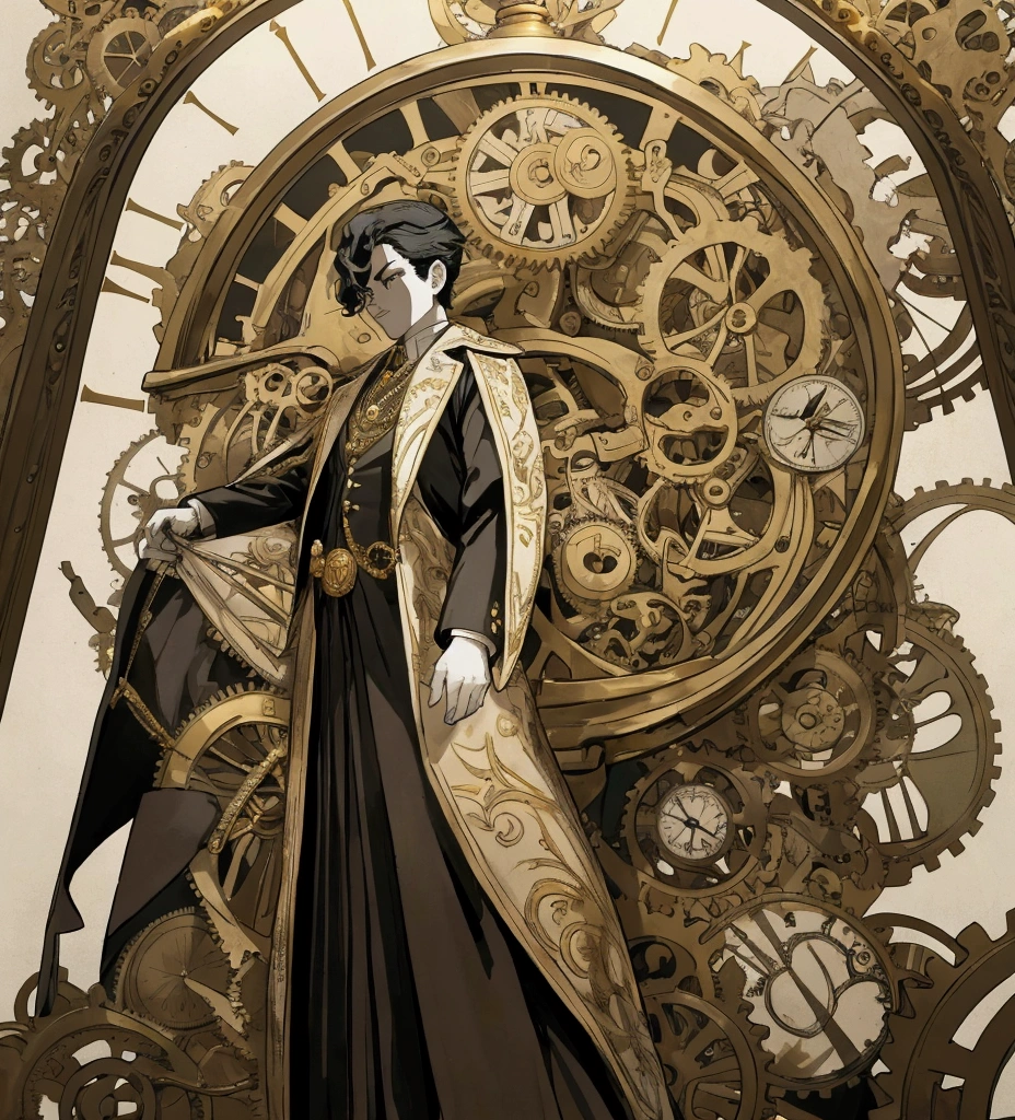 In the image, the silhouette of a person is seen in the foreground, standing out against a complex and detailed background. Behind the silhouette, The background is filled with clock gears of different sizes, all interconnected and moving, suggesting the passage of time and mechanical precision.
besides, There are multiple clocks distributed throughout the fund, each showing a different time. These watches vary in design, from antique pocket watches to wall clocks with elaborate gold details. The combination of gears and clocks creates an atmosphere of intricate machinery and a sense of temporality..
The predominant color scheme is gold, which gives the image a vintage and elegant touch. An ornate frame surrounds the image, adding an additional element of sophistication and artistic detail. The figure is turned back and its face cannot be seen.