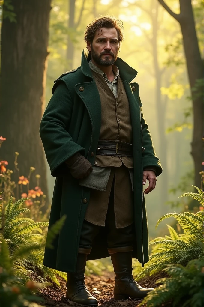 Colin O' Donoghue, Killian Jones as a hobbit from lord of the rings. He is in the forest, wearing a dark green coat and looks into the camera. It's sunny, the atmosphere is beautiful and it comes with a touch of magic. Make it hyperrealistic, fullbody and cinematic. 