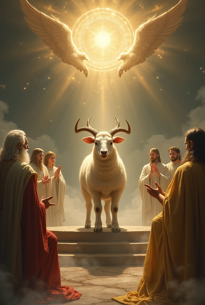 A Lamb in the Midst of the Throne, surrounded by the four living beings and the leaders. It seemed as if the Lamb had been offered in sacrifice. He had seven horns and seven eyes, which are the seven spirits of God that were sent into the whole world.