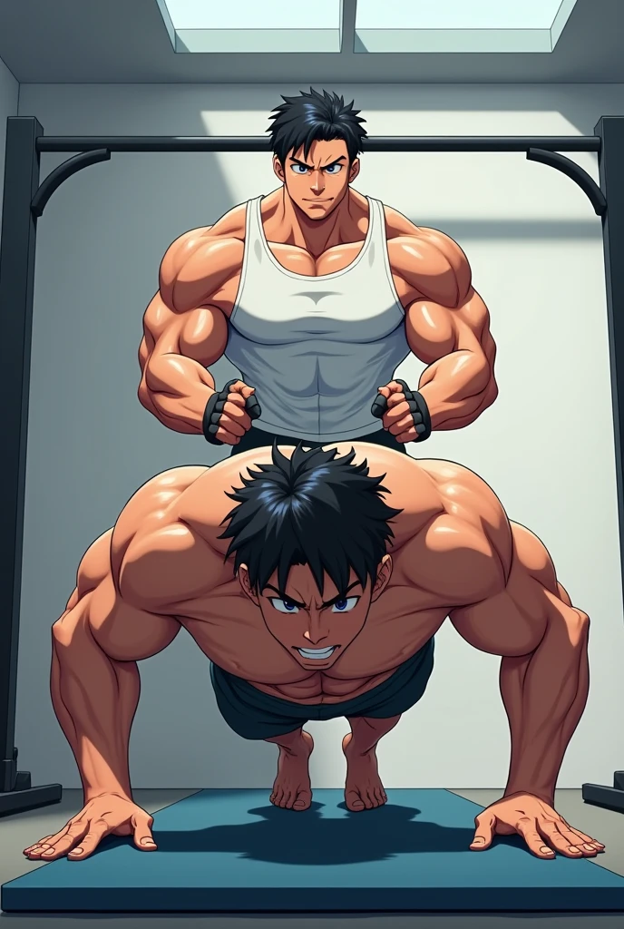 Make a thumbnail for my Instagram reel in which two male  anime  separately one doing pushups and one doing bar dips