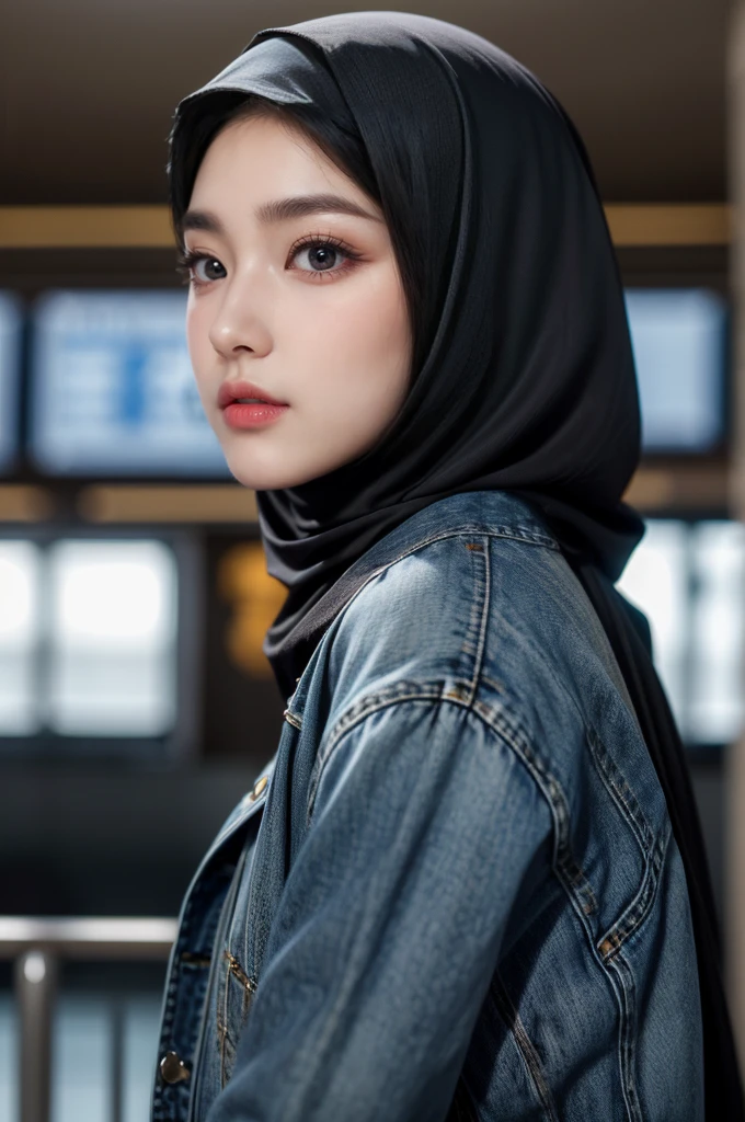 ((closeup: 1.5)), (realistic photos of Hijab Korean female, slightly smile,expressive eyes,eye makeup,airport background,standing posture,confident attitude,Eye-Level Shot, slightly blurry background,UHD,masterpiece:1.2,highres,16k), long Jeans