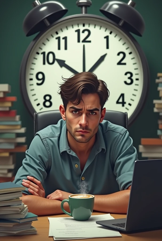 A young man, aged 22, working multiple jobs, with a clock ticking in the background, surrounded by laptops, papers, and a coffee cup"