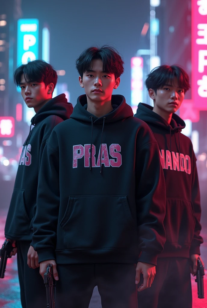 Create three character anime {{background: capital text:“GLBK”, night city}}, 
 HDR, handsome, korean style, full body, use piastol, age 20, character hoodie HD text 1: “Pras”, character hoodie HD text 2: “Nando", character hoodie HD text 3: “Doma"