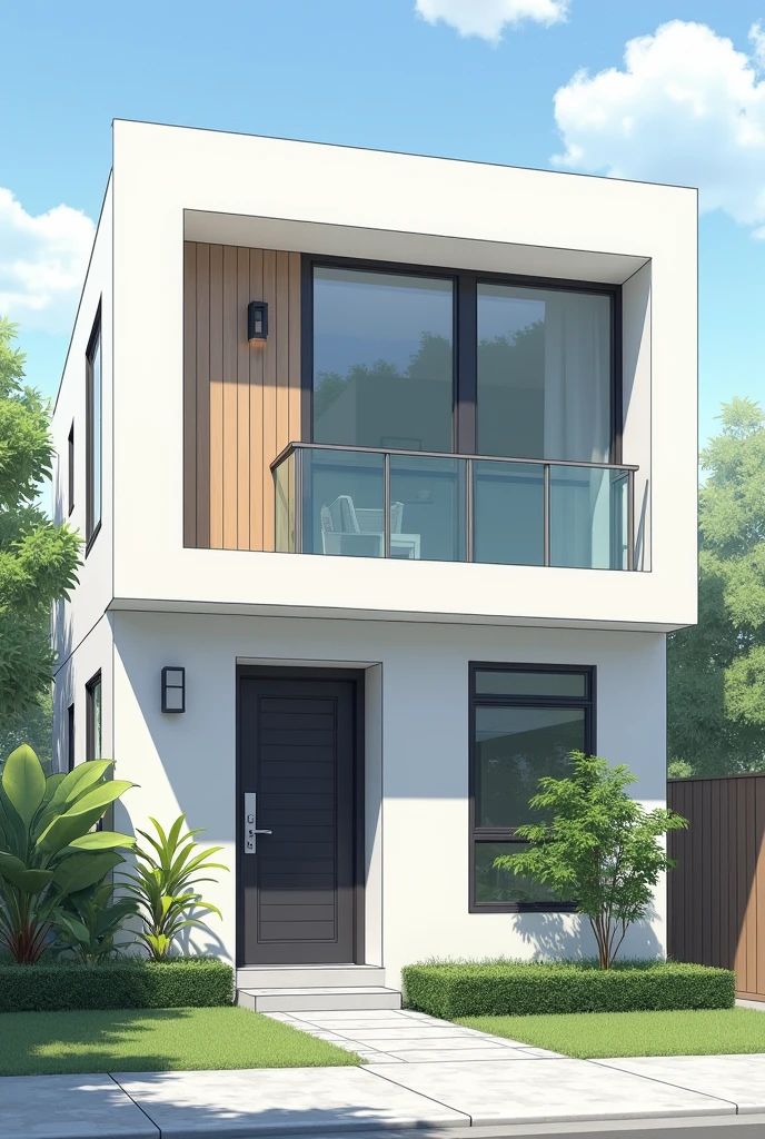 A single-story house, where it is separated by three walls on the facade, sides at the same level and the middle wall a little further forward, the side walls have an entrance and the other has a garage, the middle wall has a window, I want a one-story house