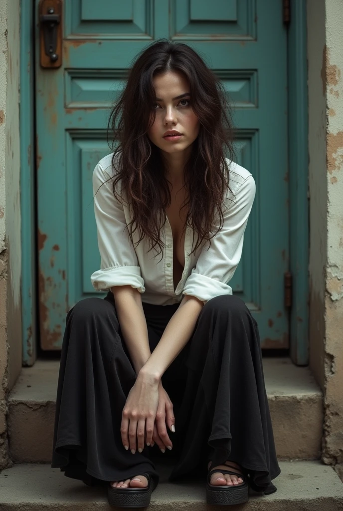 photograph of a woman, long messy brunette hair, looking away from the viewer, sitting on a step in front of a worn old door, wearing a revealing on down t-shirt, long skirt, platform shoes, light makeup, dismal day, cloudy, high dynamic range, vivid, rich details, clear shadows and highlights, realistic, intense, enhanced contrast, highly detailed