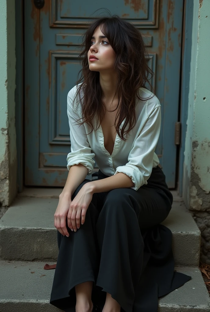 photograph of a woman, long messy brunette hair, looking away from the viewer, sitting on a step in front of a worn old door, wearing a revealing button down t-shirt, long skirt, platform shoes, light makeup, dismal day, cloudy, high dynamic range, vivid, rich details, clear shadows and highlights, realistic, intense, enhanced contrast, highly detailed