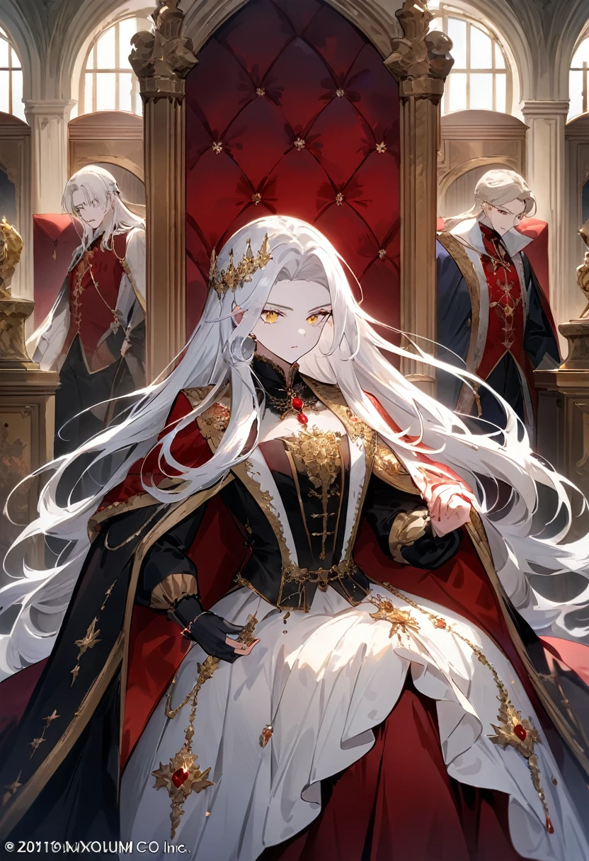 (work of art, Maximum quality, best qualityer, offcial art, beautiful and aesthetic:1.2) A Vampire of Royal Blood, white skinned vampire, gold eyes, Long white hair, royalty clothes, long hair