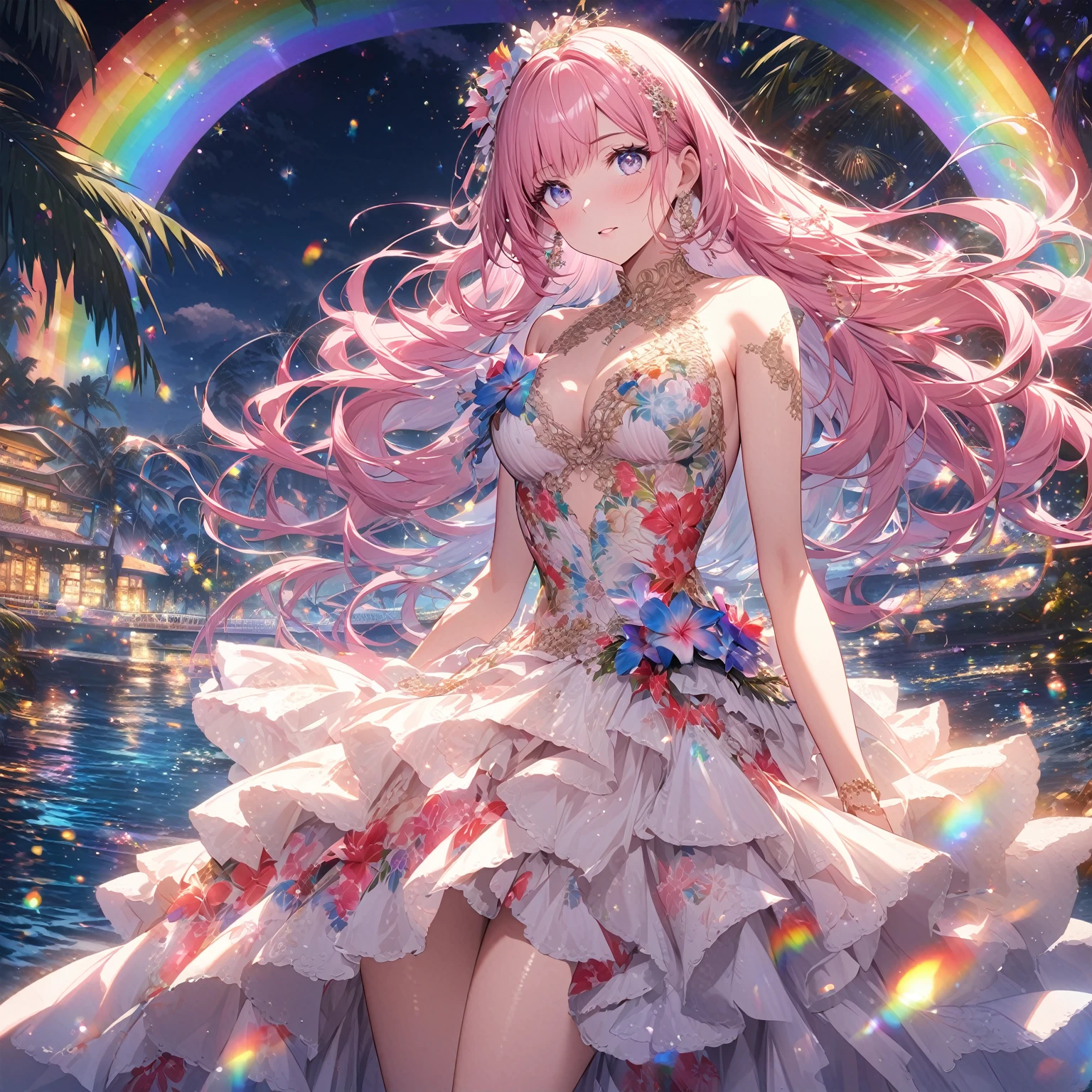 ``A beautiful woman with long pink hair and beautiful eyes wearing an elegant and detailed hawaiian dress.The dress must have intricate designs and patterns to give it a luxurious and luxurious feel.In the background , the image should depict a romantic Hawaiian beach at night with light reflecting off the water and an illuminated bridge across the scene, emphasizing the sparkling effects and rainbows throughout the image. Enhance your look and add special ruffles to your dress to make it stand out.”