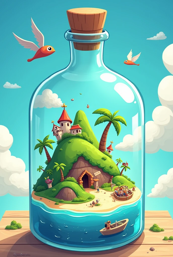 cartoon image of the island inside a lying bottle