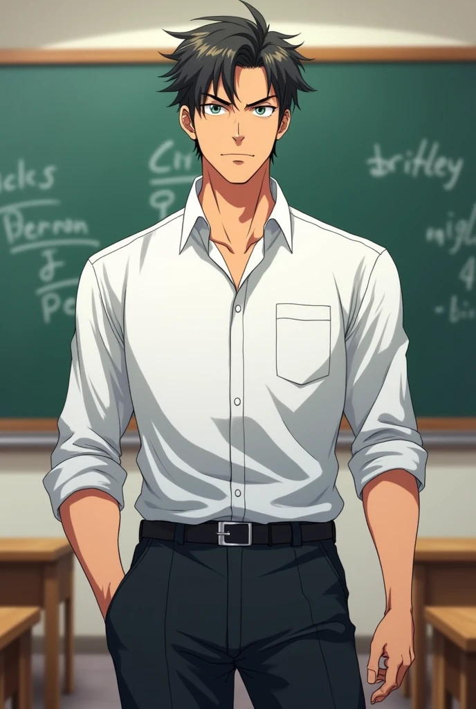 Amale strike teacher wearing white shirt and black pant of age 30 manga character full body