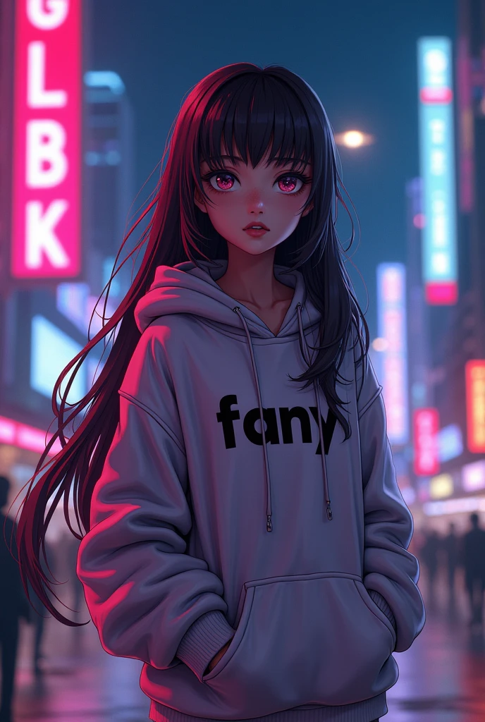 Create a character anime, {background: capital text “GLBK”, night city}, tanned skin,
realistic, HDR, beautiful, japan style, full body, use piastol, age 20, hoodie HD text: “FANY”, female, long hair