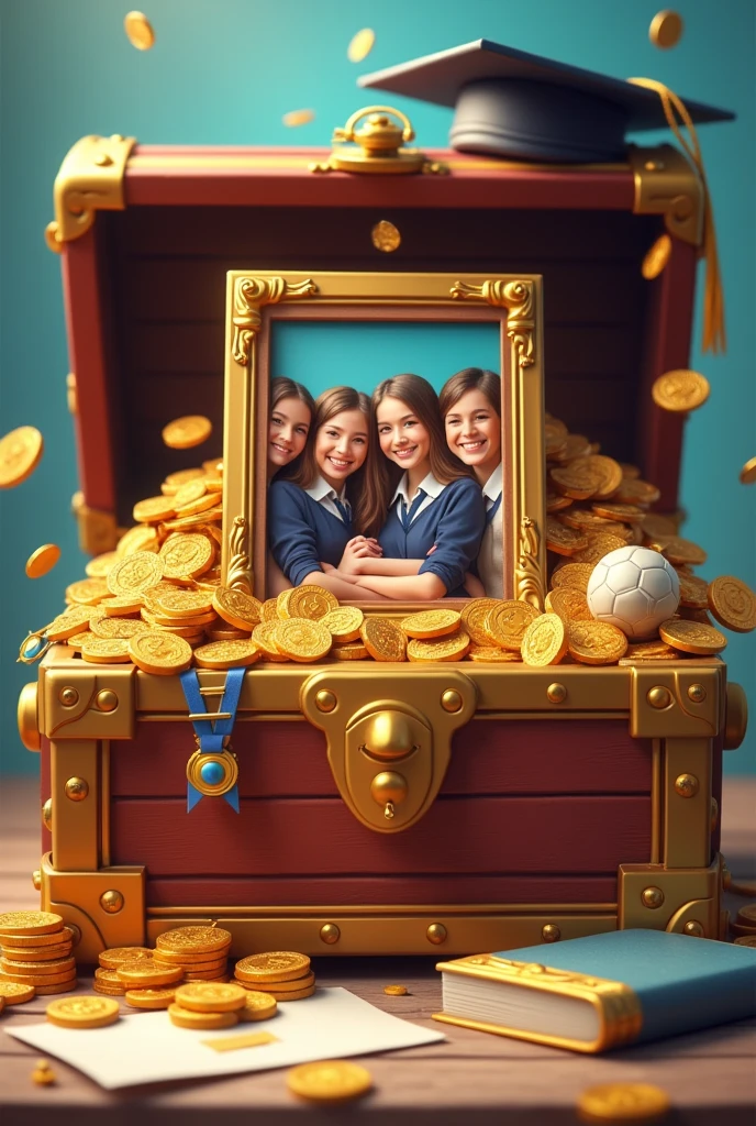 an animated opened treasure box with gold coins inside it filled with a picture frame of young students smiling in their uniforms, a letters, medals and a graduation cap. 