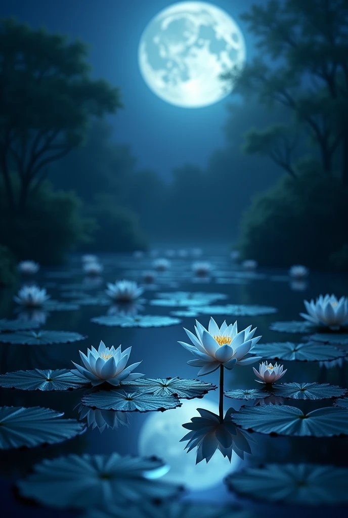 Night Pond Close-up of lotus flowers in a pond Full moon Beautiful details Lights Long-distance image Mysterious
