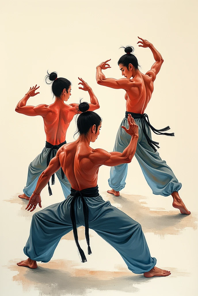 Wushu painting poses from back view
