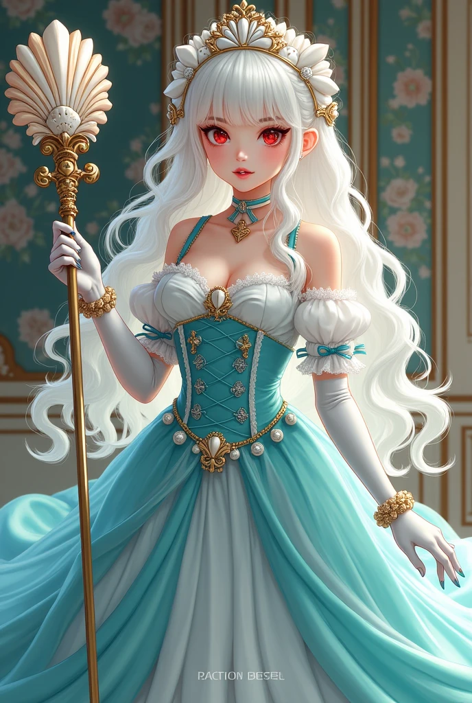 (best quality,4k,8k,highres,masterpiece:1.2), ultra-detailed, Pretty albino girl has a princess of the sea, drawn in 2D anime style, steampunk, wearing a iridescent turquoise princess gown with puffy sleeves, steampunk, gorgeous frilly dress design,flowing gown, elaborate lace details,rich textures,contrast stitching,delicate ribbon bows, seashells embroidery, full skirt with ocean wave pattern,short sleeves,fitted waistline,translucent flowing sleeves,lace-up back,luxurious fabrics,flawless silhouette, long curly white hair and red eyes, white fur, smiling, mouse ears and tail, ribboned high heels, white elbow evening gloves, gold bracelets, tiara made of seashells, beautifully detailed lips with lipstick, long eyelashes, eyeshadow, seashell necklace, in a castle bedroom with intricate decoration and luxurious furniture, flower wallpaper, she is holding a magic staff made of seashells and pearls.