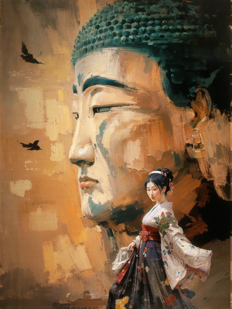 painting of a woman in a traditional dress walking past a large buddha statue, japanese art, inspired by Jin Nong, by Ma Quan, japanese art art, japanese goddess, portrait of geisha, inspired by Tosa Mitsunobu, japanese art style, ancient japanese, serene expression, 8k resolution.oil on canvas, guweiz masterpiece