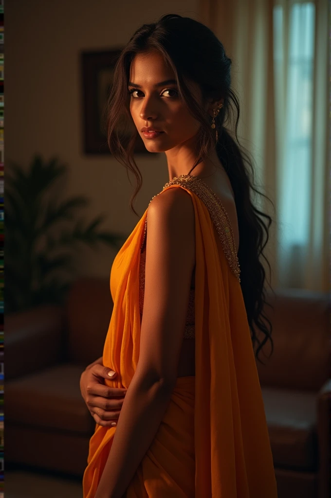 Sexy girl in saree in mid night in a room lighting 