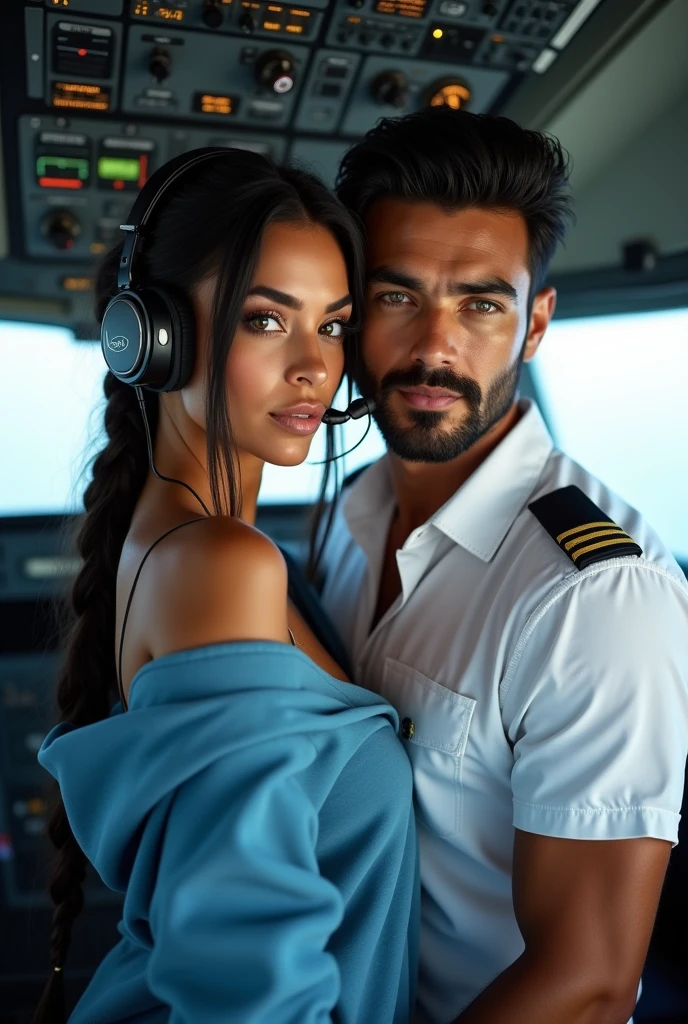 (photorealism: 1.2), hot brazilian sexy girl in sexy dynamic pose. raw portrait photography, hyper realistic and detailed face, complex and realistic skin texture, hot body, athletic body, smiling, long black hair with braid, dressed with long blue sweatshirt and headset with the pilot, handsome tanned guy, Brazilian, beard and beautiful smile, green eyes, black hair, white pilot shirt in the cockpit airbus