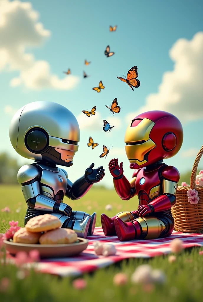 RoboCop and Ironman on picnics, catch butterflies