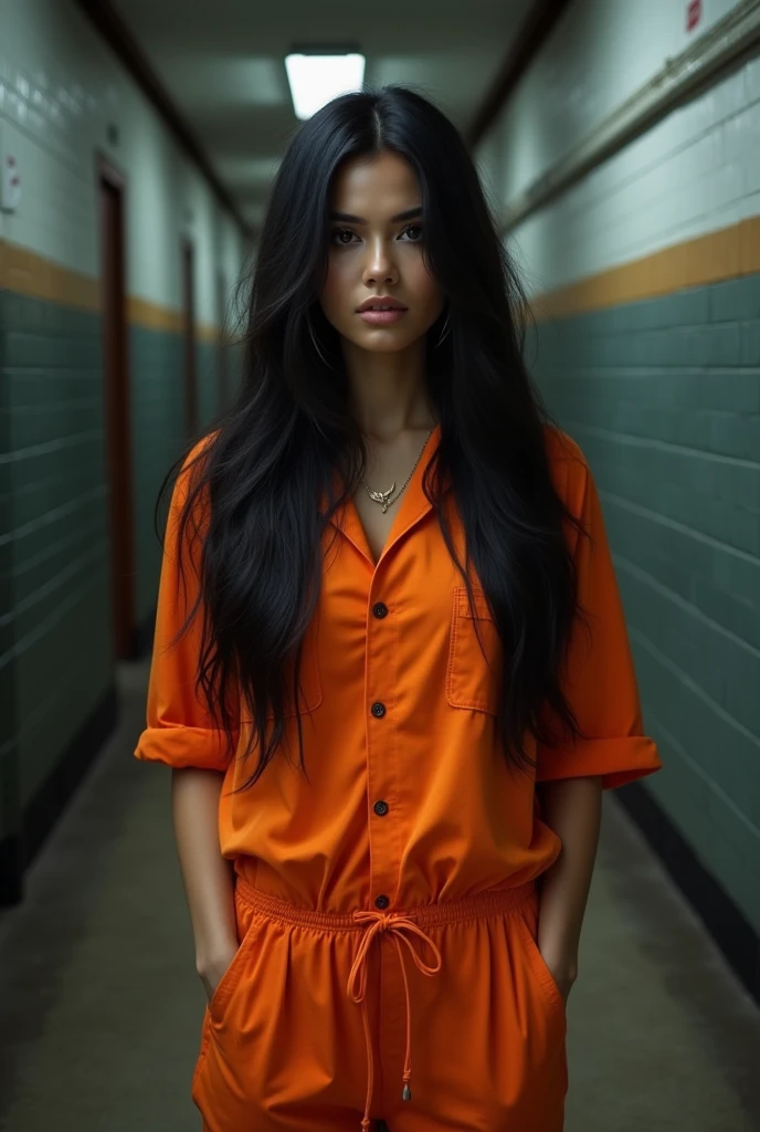 A beautiful Instagram model, (long black hair , at prison , beautiful make up , orange prison jumpsuit, full body view