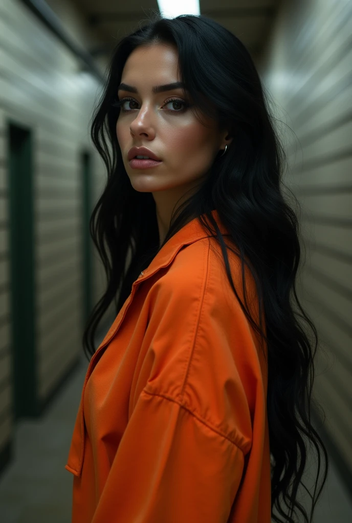 A beautiful Instagram model, (long black hair , at prison , beautiful make up , orange prison jumpsuit, full body view
