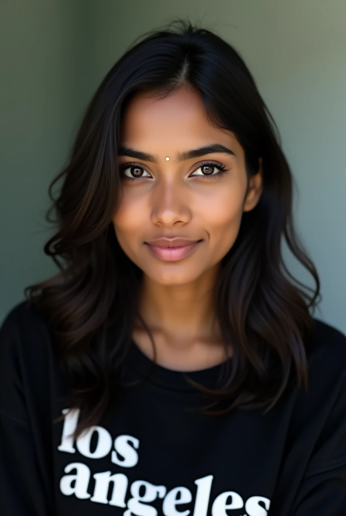 Her face is square with a smooth and balanced structure, exuding a youthful and calm expression. Her skin is medium and evenly toned, appearing soft and well-maintained. She has dark, straight hair that falls just below her shoulders, parted down the middle, framing her face evenly on both sides.
Her eyebrows are dark, slightly arched, and well-groomed, giving her a gentle and natural expression. Her eyes are large,hooded almond-shaped, and have a dark color, likely dark brown. They are set symmetrically and appear calm, with a neutral yet engaging gaze directed forward.
She has a straight nose, proportionate to her face, with a slight narrowing towards the tip. Her lips are naturally full with a soft, pinkish color, slightly curved in a neutral or gentle expression. She does not appear to be smiling broadly, but her lips are relaxed and closed, giving a serene and composed look.
Her jawline is soft and not overly pronounced, adding to the overall gentle and approachable appearance of her face. Her cheeks are smooth, with a slight natural contour that complements her youthful appearance. She is wearing a black sweatshirt with the words "LOS ANGELES"in capital printed in bold white letters across the chest, which adds a casual and modern touch to her look.
And also she's indian
Overall, her facial features are harmonious, with a calm, pleasant, and approachable demeanor.