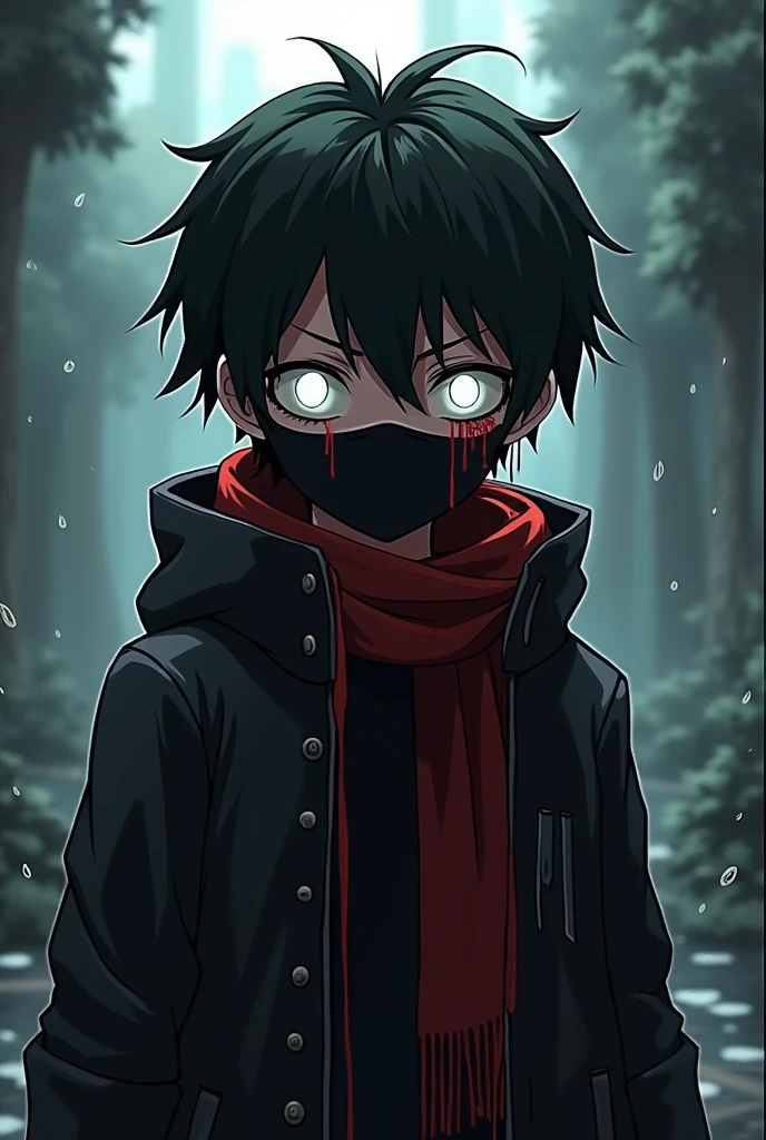 A boy wearing black jakat,full face mask, white eyes, red tai,mincraft theme, anime some blood fall on face and head, black heir looking deadly,