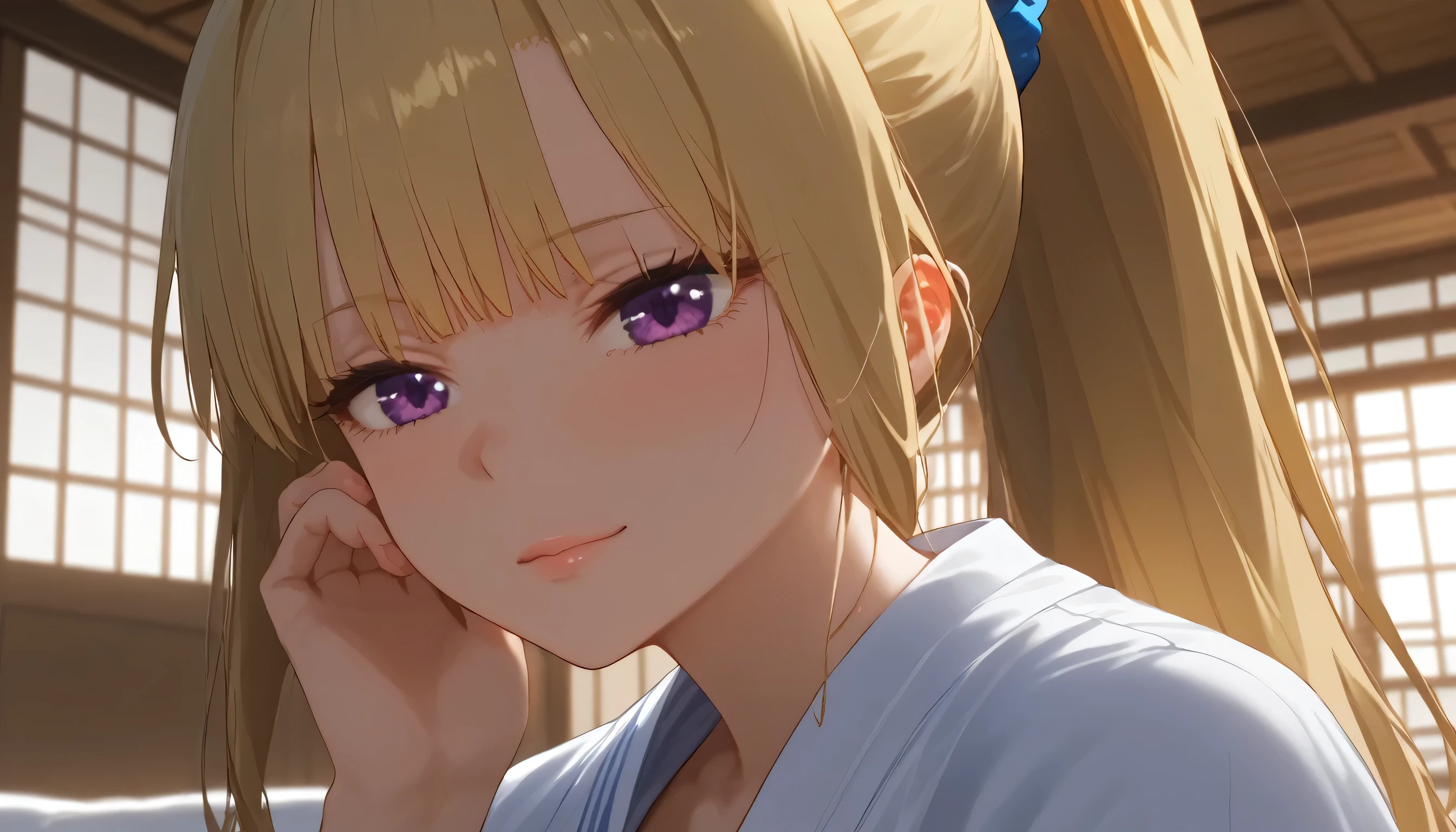 masterpiece, looking at viewers, 4K, 8K, wallpaper, anime style, Kei karuizawa, blonde hair, violet eyes, blue scrunchie, ponytail, bangs, blut bangs, shiny skin, A serene image of a girl in a yukata, sitting on the veranda of a traditional Japanese house, and she gazes softly at the viewer with a light blush on her cheeks, creating a peaceful and calming atmosphere.