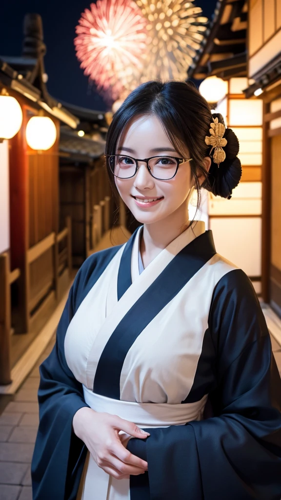 (Super beautiful woman in kimono)、((highest quality、8K masterpiece:1.3))、sharp focus:1.2、(super beautiful face:1.0)、(shiny skin:1.0)、realistic pictures、black hair、video lighting、High resolution eyes and face、video lighting、japanese actress、from the front、big breasts、with a happy smile、Slender abs beauty、whole body、wearing a kimono、in Kyoto、(((luxury obi)))、In Kyoto at night、wearing glasses with no edge、with a fan、Fireworks Display