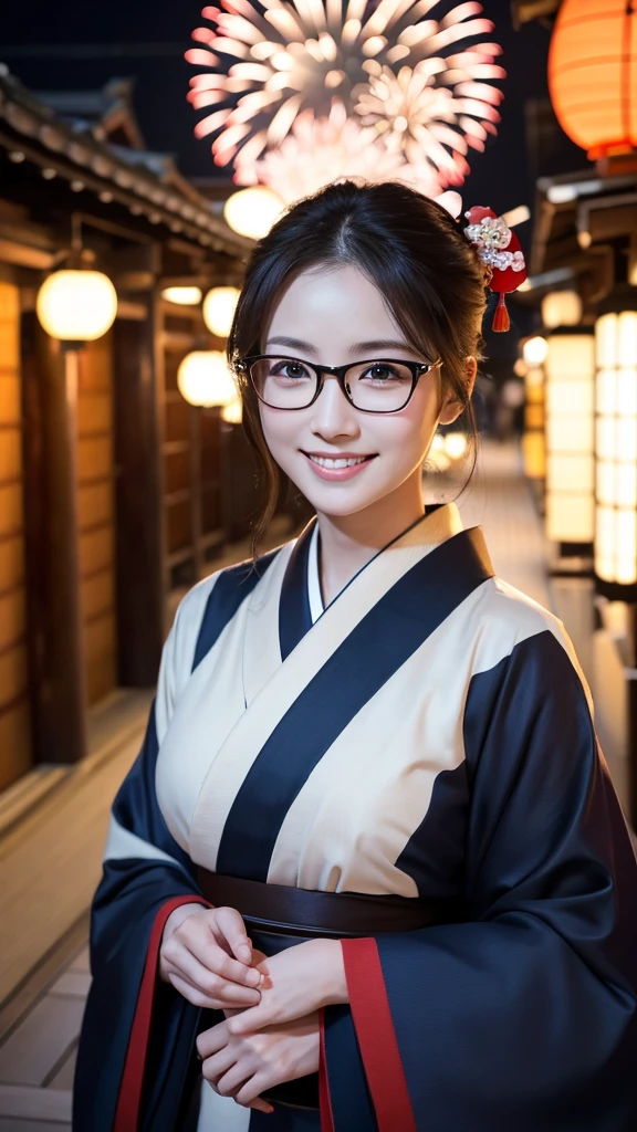 (Super beautiful woman in kimono)、((highest quality、8K masterpiece:1.3))、sharp focus:1.2、(super beautiful face:1.0)、(shiny skin:1.0)、realistic pictures、black hair、video lighting、High resolution eyes and face、video lighting、japanese actress、from the front、big breasts、with a happy smile、Slender abs beauty、whole body、wearing a kimono、in Kyoto、(((luxury obi)))、In Kyoto at night、wearing glasses with no edge、with a fan、Fireworks Display