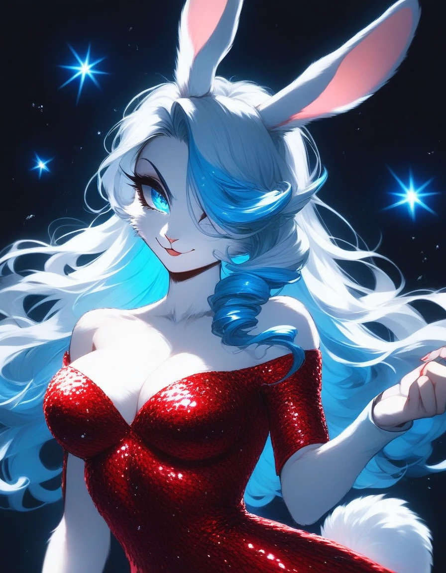 , score_9,score_8_up,score_7_up, source_furry, ( bunny, Anthro furry bunny girl, adult female, blue eyes, long white curly hair,, white fur, fluffy bunny tail), white fur, , a beautiful anthropomorphic white bunny woman, she is covered in white fur, she has long white curly hair with blue highlights, eye shadow, blue sparkling eyes, off-the-shoulder style red sequin dress, her hair is covering one eye, evil glare, malevolent expression.powering up stance, super saiyan energy around her, her hair is fluttering, black background. Heavy contrasting shadows. cartoon.  
