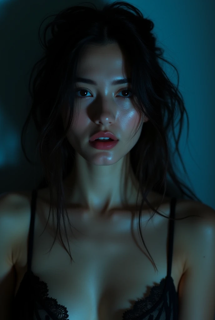 highest quality, epic realistic, ((in the pitch black darkness :1.4)), ((portrait:1.5)),(background: dark ) high contrast ,glorious picture, lowest lux, lighting face, she's comfortable, wearing lingerie, looks incredible, (8k, Raw photo, Highest quality),(epic realistic:1.5), a woman, face,(detailed eyes:0.8),(looking at the camera:1.4), (Highest quality), ( high contrast, deep shadows),Intricate details,cinematic,((skin:1.4)), (long dark hair:1.3), long hair, messy ,(Hdr:1.5),Detailed, colors, Superior quality, Masterpiece, Raw Photo (20-year-old, looking at viewer), beautiful, (wearing underwear,), perfect, natural, perfect composition, portrait, perfect face, smiling expression, Captivating eyes, Bright details, Tight lips, (High Skin Detail),, (blue tint: 0.6), (sale: 0.8), (bloody: 0.7), Key lighting , (backlight: 0.5), Medium depth of field, Canon 5d, 50mm lens, f/4 apertures, (Ultra-detailed, Complex detail), sharp focus, soft colors, 8k, Absurd, 80mm, dark background, photography, smiling, medium ,
